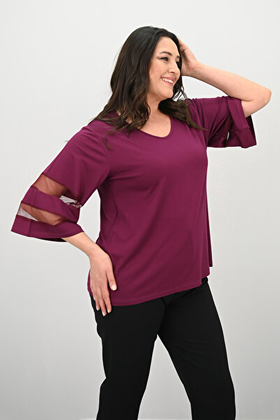 Koza Butik Γυναικεία μπλούζα με νυχτερίδα με λεπτομέρεια από τούλι 1901-25