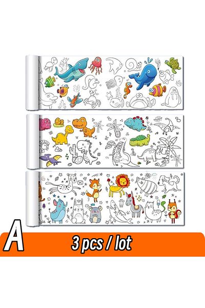 Choice A Set 3pcs 90cm Animal Canvas Children's Drawing Roll DIY Coloring Paper Roll Color Filling Graffiti
