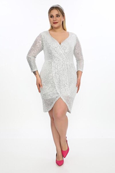 ANGELINO Büyük Beden Pul Payet Mini Elbise Gümüş 8084