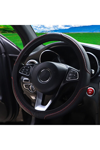 Choice غطاء عجلة القيادة من الجلد المنقوش باللون الأسود والأحمر 1 من لوازم ال...