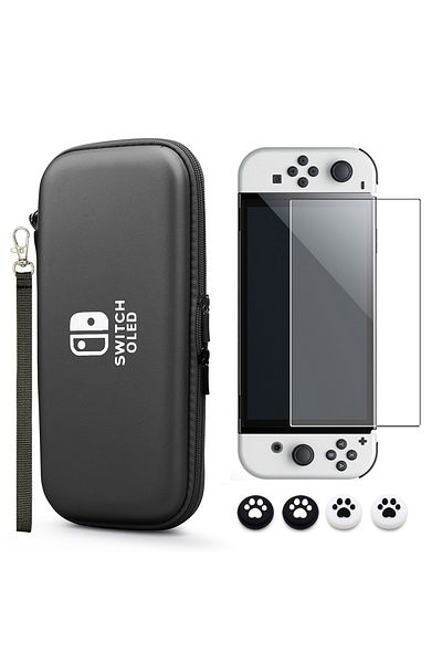 Choice 6 in 1 Pack Black 6 in 1 Switch OLED Storage Bag Carry Case with Tempered Glass Screen Protector and