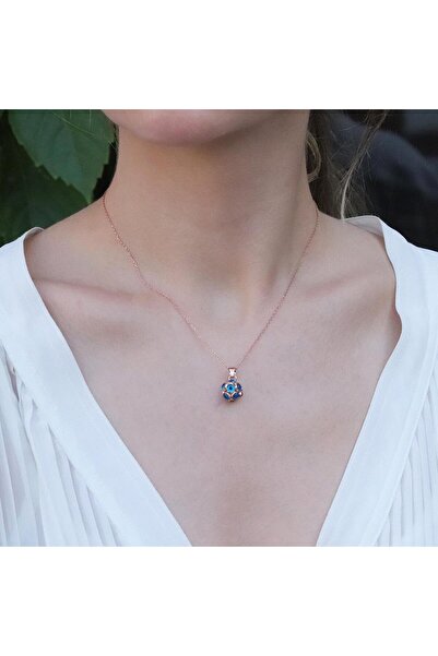 Necati Gün Nazar Boncuklu Rose Gold Kaplama Top Gümüş Kolye