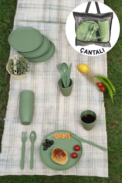 İronika Green Picnic Set for 6 People - 31 Pieces Dinner Breakfast Set with Bag, Plastic Cup and Spoon Knife