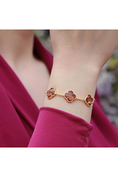 Necati Gün 3 İkonik Alhambra Yonca Zultanit Taşlı Gold Kaplama Asansörlü Bileklik