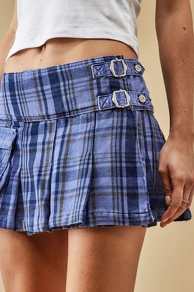 september island Navy Blue Black Plaid Utility Cargo Mini Skin Skirt