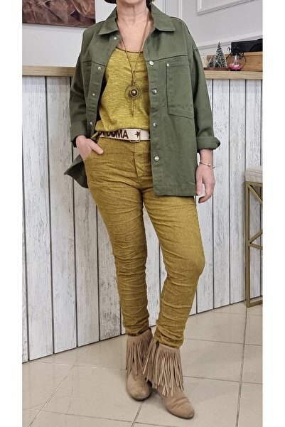 pudubutik Kemerli Likralı İtalyan Kadife Pantolon Hardal