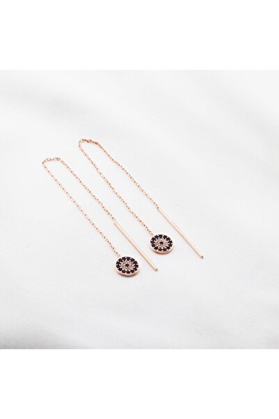 Necati Gün Zirkon Taşlı Nazar Boncuklu Rose Gold Kaplama Gümüş Zincir Küpe