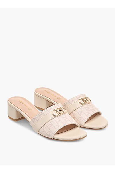 Paprika Monogram Print Slip-On Sandals with Block Heels