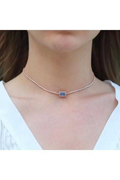 Necati Gün Aquamarin Taşlı Rose Gold Kaplama Choker Gümüş Kolye