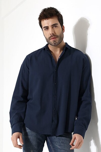 Peille Чоловіча сорочка з габардинової тканини, темно-синього кольору, на кнопках, оверсайз, великий розмір
