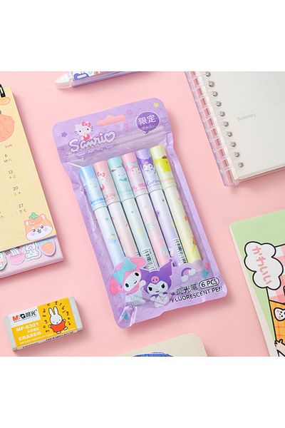 Choice 6Pcs Set B 6Pcs Highlighter Pen Set Kawaii Kuromi Melody Cinnamoroll Art Fluorescent Markers Pens S