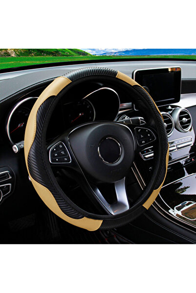 Choice غطاء عجلة قيادة السيارة من الجلد المصنوع من ألياف الكربون باللون البيج بدون حلقة داخلية مناسب للسيارات مقاس 14.5-15 بوصة
