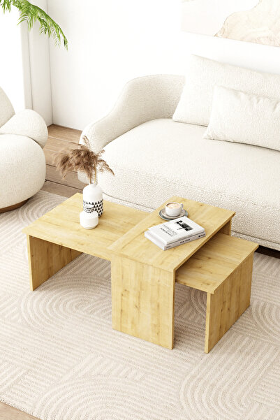 OBİ Atölye Neila 2'li Orta Sehpa Takımı Safir Meşe Desenli İskandinav, Bohem