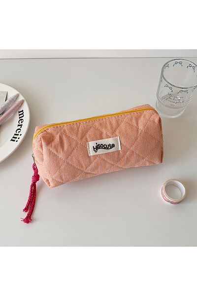 Choice orange INS Style Large Capacity Plaid Cloth Pencil Case Korean Style Cloth Makeup Bag Simple Style S