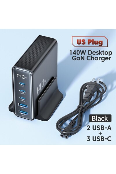 Toocki شاحن USB GaN أسود أمريكي بقوة 140 واط، 5 في 1، شحن سريع لسطح المكتب، ش...