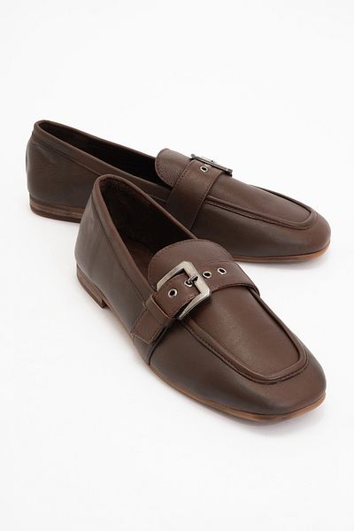 LuviShoes Clarion Brown Skin Genuine Leather Belted Blunt Toe Women's Loafer Shoes