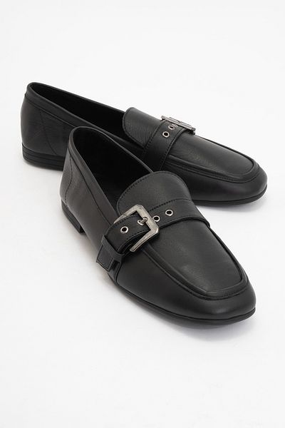 LuviShoes Дамски мокасини CLARION от естествена кожа с колан и тъп връх, черни