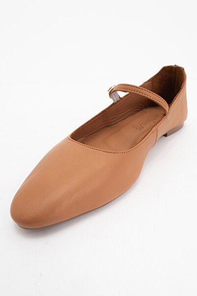 LuviShoes Lunaire Tan Genuine Leather Single Strap Pointed Toe Women's Ballerina Shoes