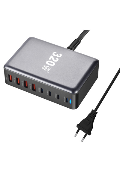 Choice شاحن سطح المكتب GaN سريع USB C بقوة 320 واط من الاتحاد الأوروبي، شاحن PD USB Type C بـ 8 منافذ، شحن سريع 3.0 USB Type C سريع