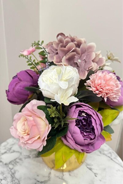 Nettenevime Yapay Çiçek Aranjmanı Gold Metal Vazoda Şakayık Gül Ve Krizantem Salon Çiçeği