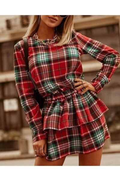 Genel Markalar Kadın Ekose Kumaş Dijital Baskılı Uzun Kollu Mini Boy Elbise