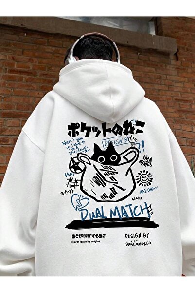 LEXPERTS GRUP هوديي بلوفر كبير الحجم باللون الأبيض مع نقوش يابانية وقطة مطبوعة على الجهة الأمامية والخلفية على الحقيبة.