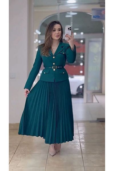 CLASSY.MODA Two Sets-Gold Belt - Button Blazer Jacket and Pleated Long Skirt Set
