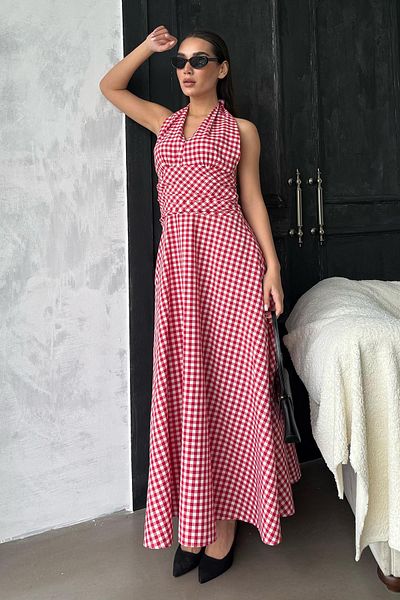 Madmext Red Plaid Midi Length Women's Dress Mg2350