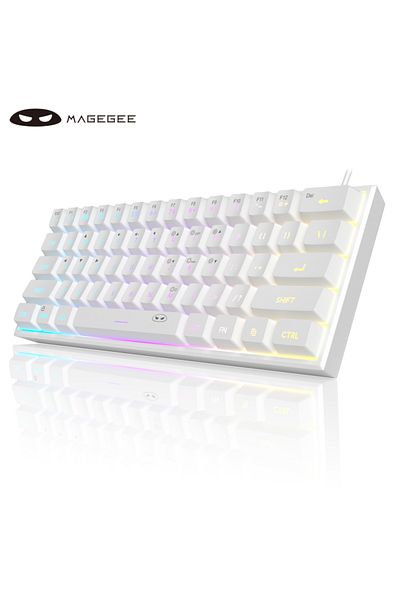 MageGee لوحة مفاتيح ألعاب MageGee Mini 60% باللون الأبيض، لوحة مفاتيح فائقة الصغر بإضاءة خلفية RGB و61 مفتاحًا، لوحة مفاتيح مريحة TS91