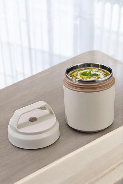 Digithome Bento Portable Stainless Steel Food Container Thermos Lunch Box Round Beige 420ml