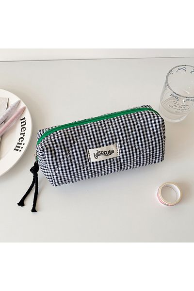 Choice black INS Style Large Capacity Plaid Cloth Pencil Case Korean Style Cloth Makeup Bag Simple Style St