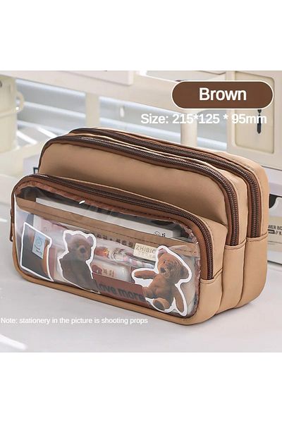 BROWN New Transparent Pencil Case Large Capacity Simple Pencil Case Multifunctional Student Statione