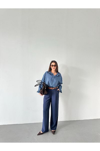 My Blog Navy Blue Double Pleated Belted Trousers - 3780