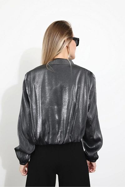 Ecenin Favorileri Gray Shiny Metallic Satin Zippered Bomber Women's Jacket