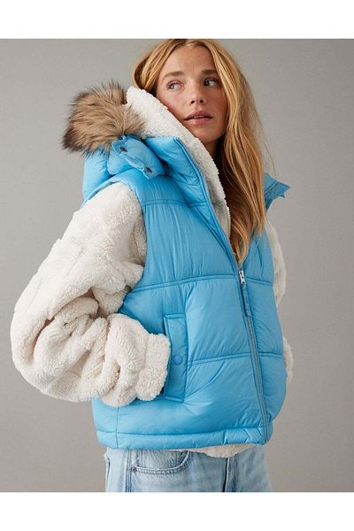 AMERICAN EAGLE AE Faux Fur Hooded Puffer Vest