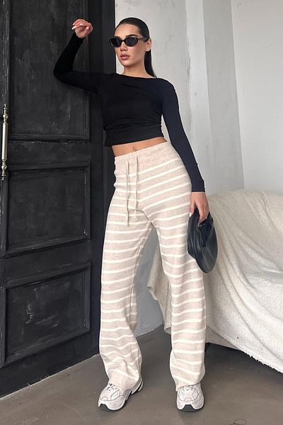 Madmext Beige Striped Women's Knitwear Trousers Mg2342