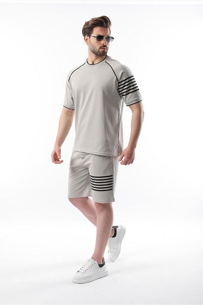 Madmext Grau bedrucktes Herren-Shorts-T-Shirt-Set mit Raglanärmeln E7306