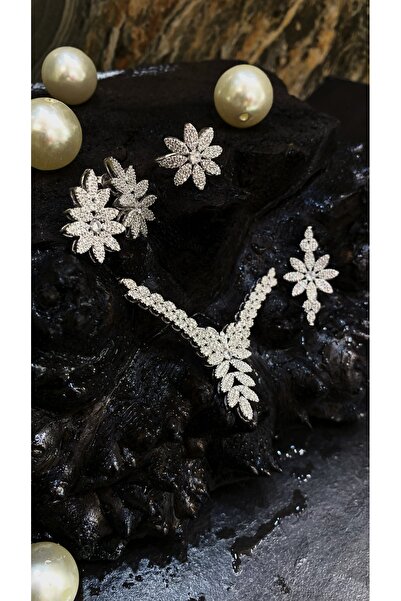 TRİA SİLVER Zirkon Taşlı 925 Ayar Gümüş Özel Tasarım İnci Ucu Seti - Kolye, B...