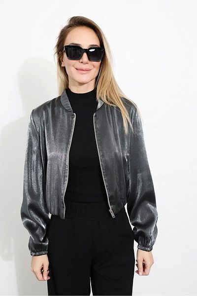 Ecenin Favorileri Gray Shiny Metallic Satin Zippered Bomber Women's Jacket