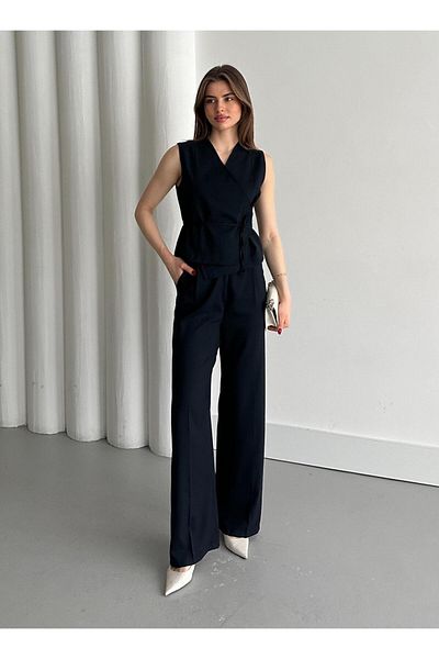 Laluvia Marineblaues Weste-Hosen-Set mit zweireihigem Kragen – 8496
