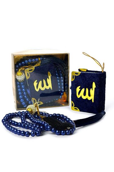 Loggia Set Coran și mărgele de rugăciune albastru bleumarin, cutie specială, ciucuri, cadou mărgele de rugăciune cu litera Vav
