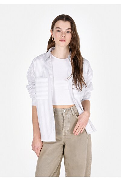 Colin's Cămașă cu mânecă lungă, albă, cu dungi, cu gâtul obișnuit