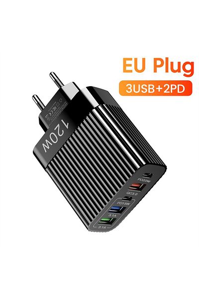 Maerknon Black EU USB Fast Charger 5 Ports PD Type C Quick Charge Phone Charger Adapter For iPhone 15 Pro Sam