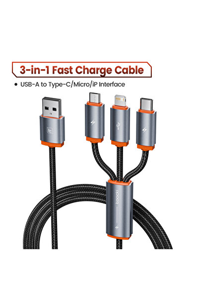 Toocki كابل USB 3 في 1 من Toocki برتقالي متعدد المنافذ لهاتف iPhone 14 13 12 ...