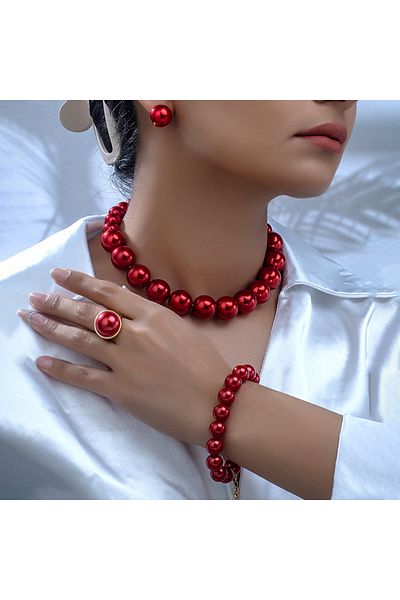 Choice 80810003-Red 5 pieces of women's temperament large pearl earrings, necklaces, bracelets, rings, jewe