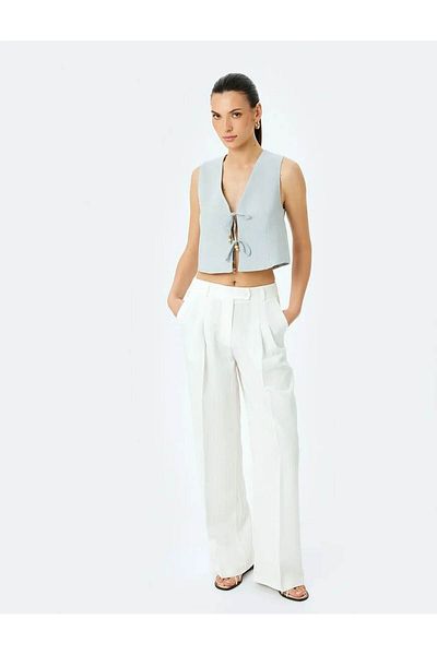 Koton V-Neck Gray Women's Vest with Front Tie Detail 5Sak20002Pw