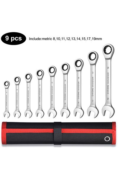 Choice 9pcs(8-19) Ratcheting Wrench Set Metric And Standard 12-point Box End Combination Spanner Gear Wrenc