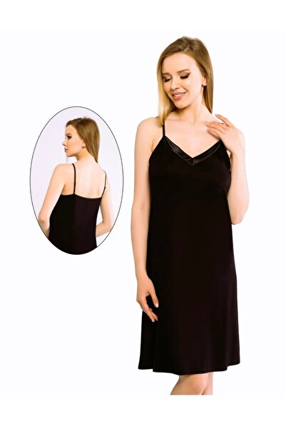 Belinay Kadın Likralı Viskon Saten Yaka Detaylı Siyah Kombinezon