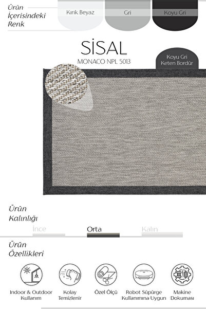 Cool Halı Monaco Gri Mutfak Halısı Hasır Dokulu Leke Tutmaz Tezgah Önü Yolluk Dokuma Bordürlü İthal Sisal Halı