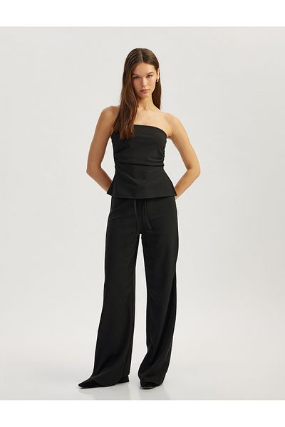 Koton Relaxed Fitting Straight Leg Trousers with Lace-Up Waist